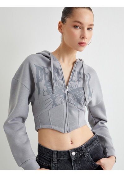 Koton Crop Kapşonlu Sweatshirt Fermuarlı Baskılı Korse Görünümlü Gri 4sal10690ık Gri