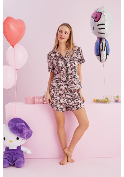Siyah İnci Lisanslı %100 Pamuk Çok Renkli Düğmeli Biyeli Şort Pijama Takım Hk157 Pembe