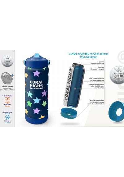 Coral High 650 Ml Kız Çocuk Lacivert Yıldız Desenli Çelik Suluk/matara Pipetli 38309 Lacivert - Mavi
