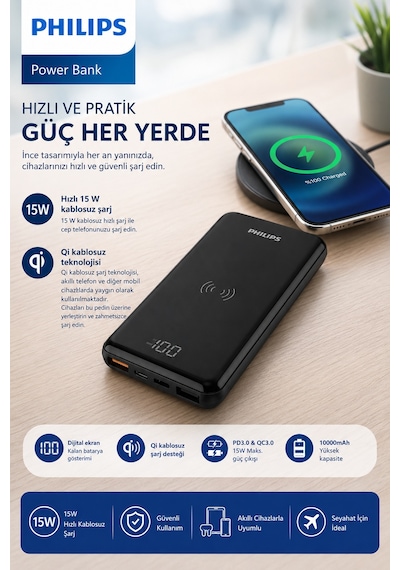 Philips DLP9520C/00 10000mAh Kablosuz Powerbank15W Qi Kablosuz Şarj, 20W PD USB-C, QC 3.0, LCD Ekran Siyah