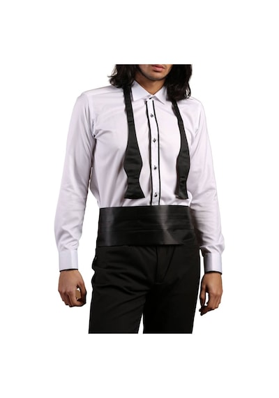 Dicotto Beyaz Siyah Çift Bieli Damatlık Ata Yaka Kol Düğmeli Slim Fit Smokin Gömlek - 003 001