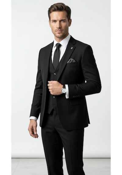 Erkek 3 Parça Slim Fit Takım Elbise Klasik Likralı Kumaş, Tek Düğme, Çift Yırtmaçlı Modern Kesim Ceket Yelek Pantolon Siyah