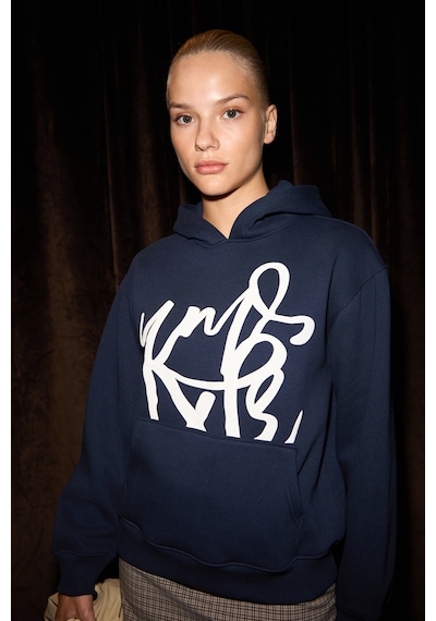 Grimelange LIORAEN Kadın Baskılı Relaxed Kanguru Cepli Kapüşonlu Lacivert Sweatshirt