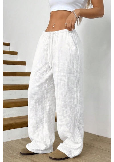 Tarz Cool Bol Paça Müslin Kadın Pantolon Kmslpnt0125 Beyaz
