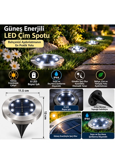 Güneş Enerjili Led Çim Spotu 8 Led Beyaz Işık Ip44 Bahçe Ve Yürüyüş Yolu Aydınlatması Krom