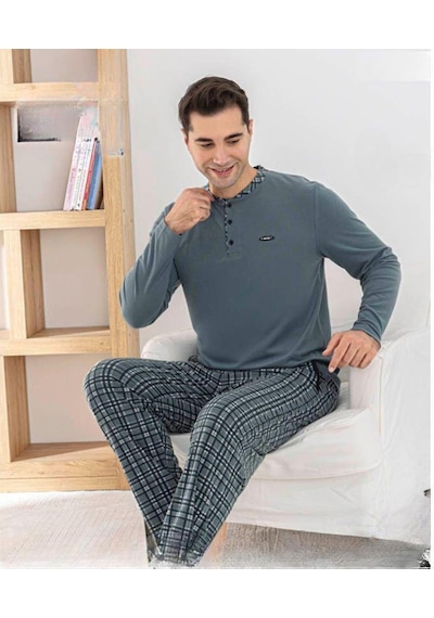 Pijamoni Erkek Düğme Yaka Kışlık Mikrosoft Likralı Pijama Takımı 6410/9 - 1 Adet Gri