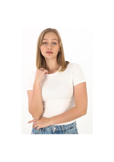 Crop Slim Fit Pamuk Likra Tişört-ekru Ekru