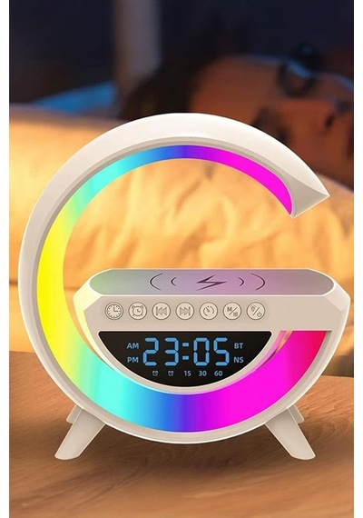 G Harfi Şeklinde Dijital Saat Kablosuz Şarj Rgb Gece Lambası Bluetooth Hoparlör Çok Amaçlı İstasyon