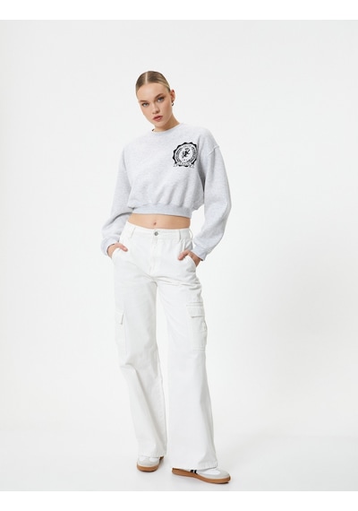 Koton Crop Sweatshirt Bisiklet Yaka Baskılı Gri 4sak10238ek Gri