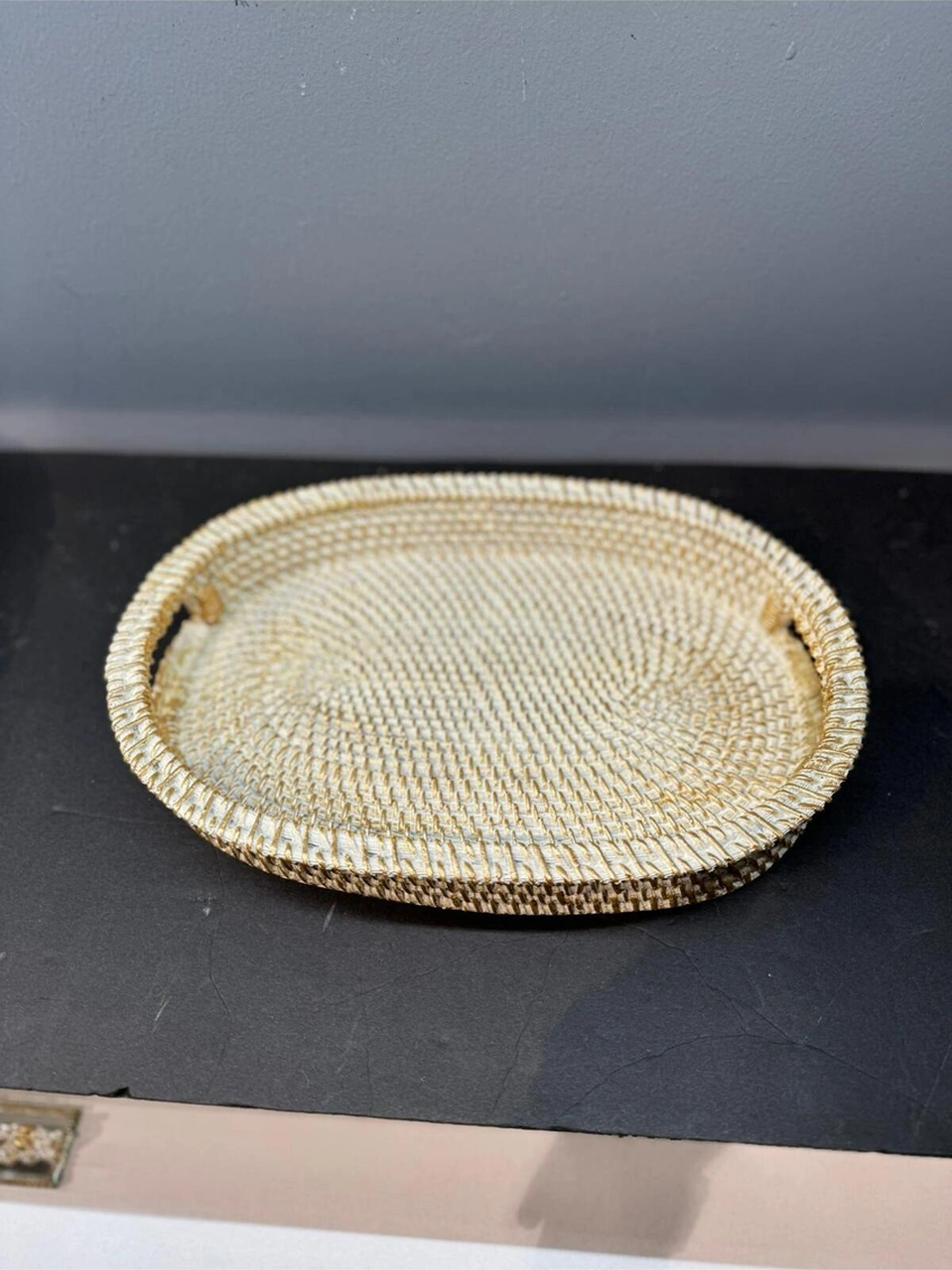 Dekoratif Polyester Hasır Tepsi Krem Gold