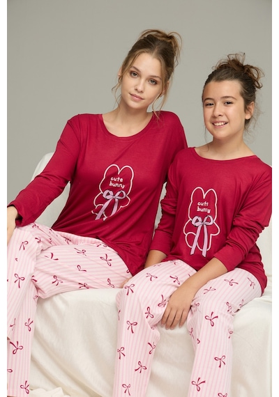 Siyah İnci Pamuklu Bisiklet Yaka Örme Pijama Takım25241136 Vişne