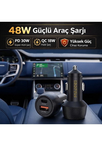 Polham 48w Süper Hızlı Type C Ve Usb Girişli Araç İçi Şarj Cihazı, Pd 30w + Qc 18w Çift Port 12v/24v 1 Adet