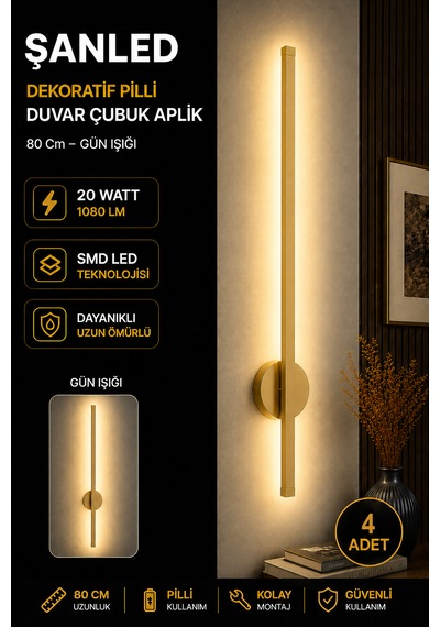 Dekoratif 20w İç Mekan Gold Kasa Gün Işığı Rengi 80 Cm Duvar Aplik Pilli 4 Adet