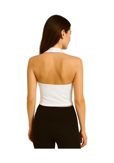 İngegno Body Kadın %95 Viskon Ring Örme Kumaş Halter Yaka Body Beyaz