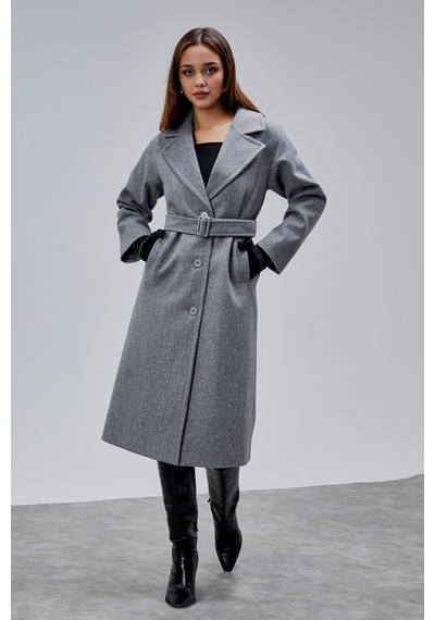 Gri Premium Oversize Kemerli Kaşe Kaban Gri