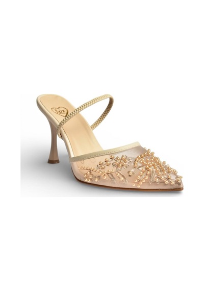 Fox Shoes Y726462415 Bej File Boncuk İşlemeli İnce Topuklu Ayakkabı Bej