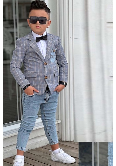 Riccotarz Erkek Çocuk Çizgili Blazer Ceket Kot Pantolon Füme Alt Üst Takım 001