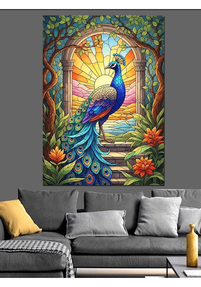 Ahşap Tablo Vitray Desenli Tavus Kuşu