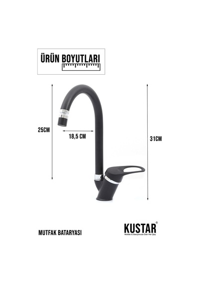 Kustar Mix 3'lü Banyo + Duş + Mutfak + Lavabo Eviye Batarya Seti Siyah