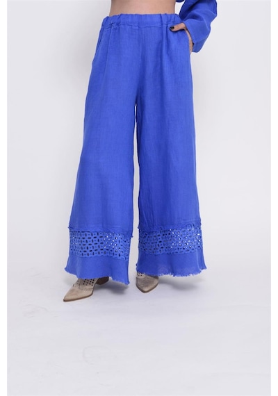 Bohem Stil İtalyan Fisto Detaylı Keten Pantolon-8748 Mavi