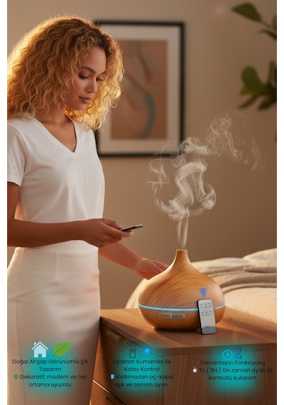 550 Ml Uzaktan Kumandalı Aroma Difüzörü Ultrasonik Hava Nemlendirici Renk Ledli