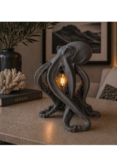 3dlab Luxury Ahtapot Masa Lambası Dekoratif Tasarım Abajur Rustik Ampullü Premium Ev Dekoru Gri