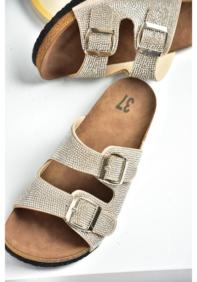 Fox Shoess777527502 Bej Süet Taşlı Kadın Terlik Bej