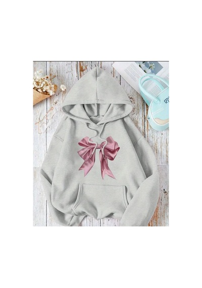 Herkesemoda Pembe Kurdele Baskılı Gri Kapşonlu Sweatshirt Gri