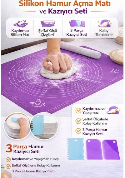 Silikon Hamur Açma Matı Ölçekli Hamur Açma Altlığı Ve 3'lü Hamur Kesici Kazıyıcı Dekoratör Set Renkli