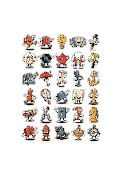 30 Adet Retro Çizgi Film Karakter Sticker Seti - Laptop Telefon Defter Valiz Çok Renkli