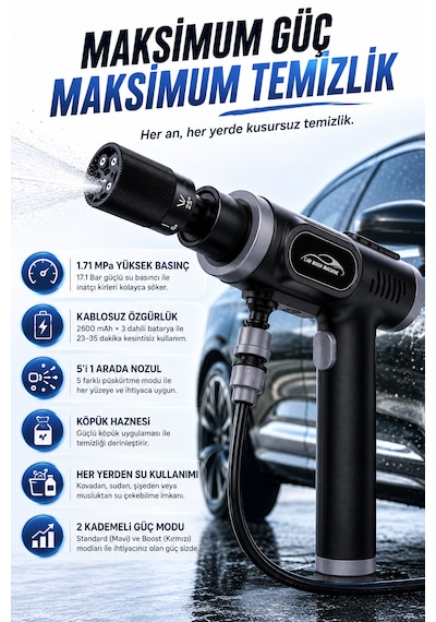 Kablosuz Basınçlı Oto Yıkama Makinesi 120w 17.1 Bar 5'i 1 Arada Başlık Köpük Hazneli X7