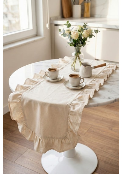 Ham Naturel Fırfırlı Keten Runner - 40x110 Cm Beyaz