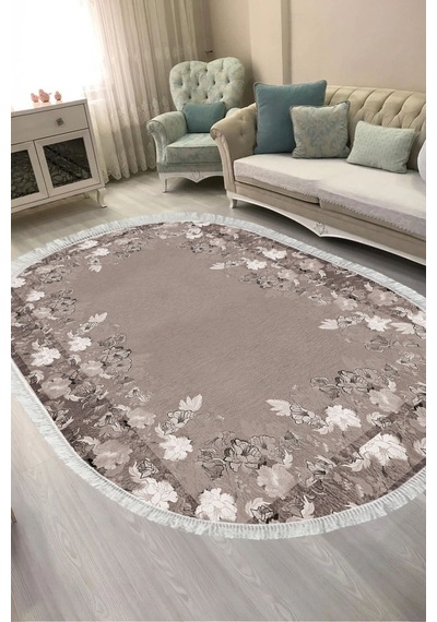 Dijital Baskılı Oval Salon Halısı Kaymaz Yıkanabilir Keçe Taban Saçaklı Çiçekli P1388 gri
