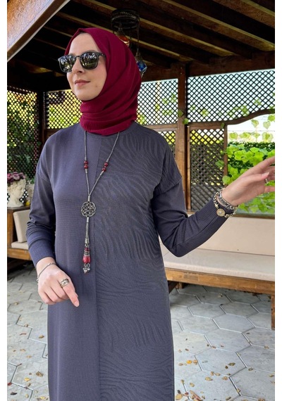 Rabia Şamlı Zebra Desen Triko Elbise Antrasit Normal
