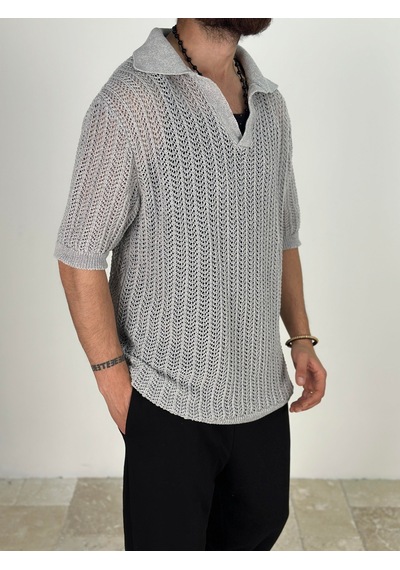Cocopelli Örme Triko Polo Gri T-shirt Coc1877 Gri