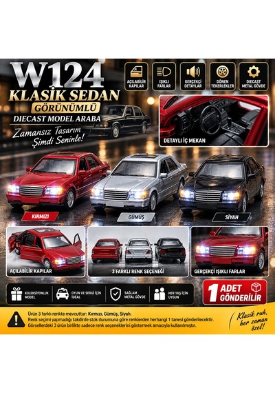 W124 Klasik Sedan Görünümlü Diecast Model Araba Işıklı Açılır Kapılı 1 Adet