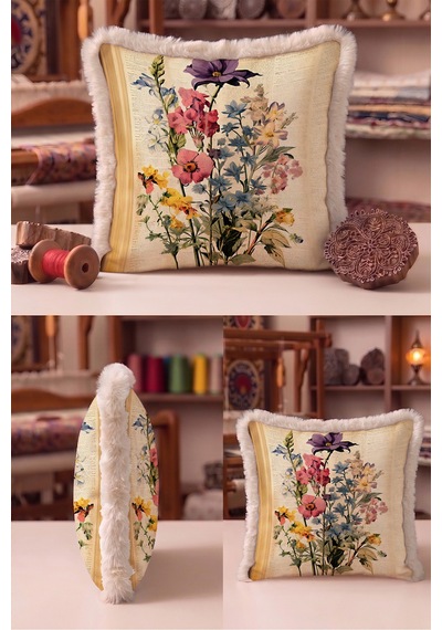 Vintage Çiçekli Bahar Desen Saçaklı Yastık Kılıfı-romantik Botanik Mor Vizon Püsküllü Kırlent Kılıfı Siyah
