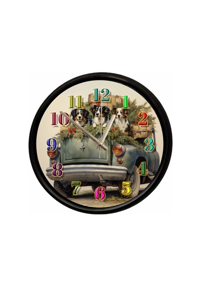 Vintage Araba Ve Köpekler Tasarımlı Dekoratif Duvar Saati 28 Cm Sessiz Mekanizma Çok Renkli