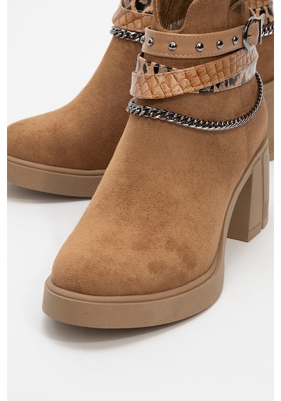 Luvishoes Luvi Shoes Boliva Taba Süet Kemerli Zincirli Kadın Kalın Topuklu Bot Taba Süet