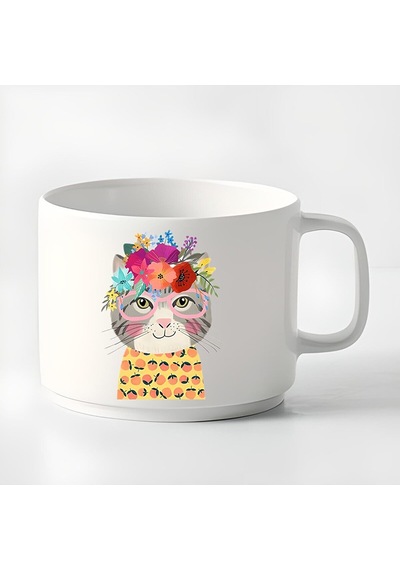 Duble Türk Kahvesi Fincanı & Espresso Fincanı Kedi Tasarım Küçük Kupa Beyaz