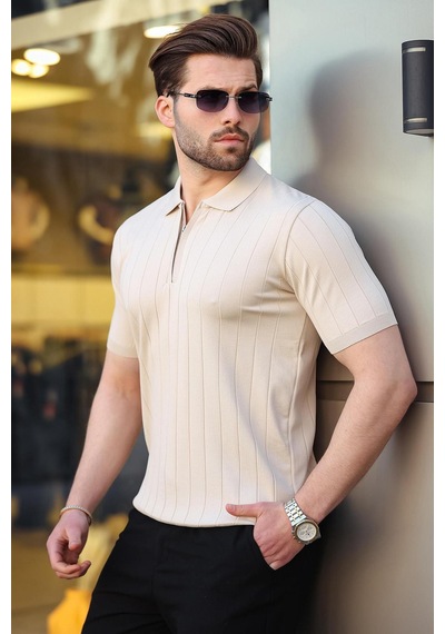 Madmext Madmext Taş Rengi Polo Yaka Fermuarlı Erkek T-shirt E7298 Taş Rengi
