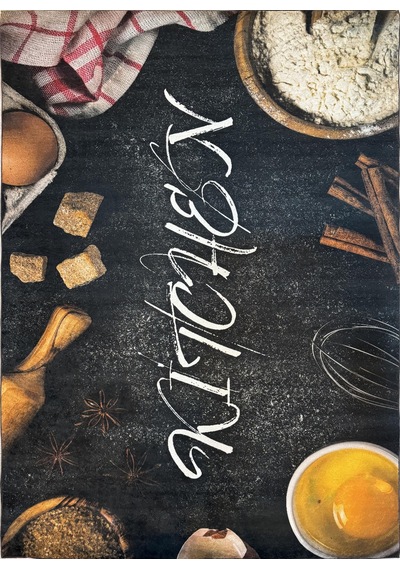 Mutfak Halısı Kitchen Yazılı Siyah Yumurta Desenli Dijital Baskılı Kaymaz Taban Yıkanabilir