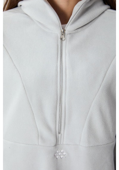 Tommy Life Taş Kalın Yumuşak Dokulu Kapüşonlu Oversize Nakışlı Polar Kadın Sweatshirt -97286 Taş