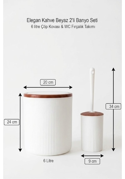 Makri Home Elegan Kahve Beyaz 2 Li Banyo Seti 6 Litre Çöp Kovası & Wc Fırçalık Takımı Kahverengi - Krem
