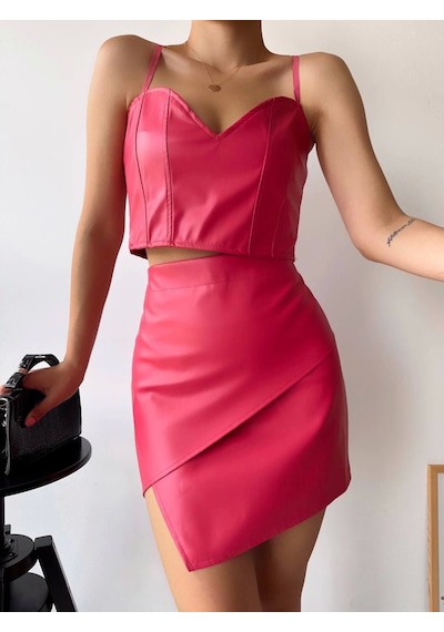 Kazax Kapaklı Asimetrik Model Deri Etek Pembe S240106 Pembe