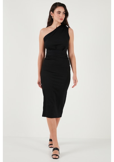 Lela Desenli Slim Fit Midi Boy Tek Omuzlu Bayan Elbise 5866202 Siyah