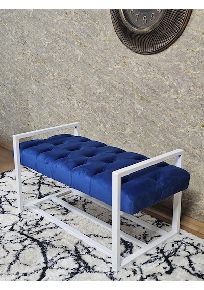 Zafir Beyaz Boyalı Metal 80 Cm Puf Bench - Antre Puf - Hol Bench - Puf - Oturak - Bench Mavi