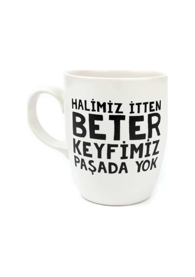 Halimiz İtten Beter Keyfimiz Paşada Yok Krem Oval Kupa - Hediye Seramik Kupa Açık Ahşap