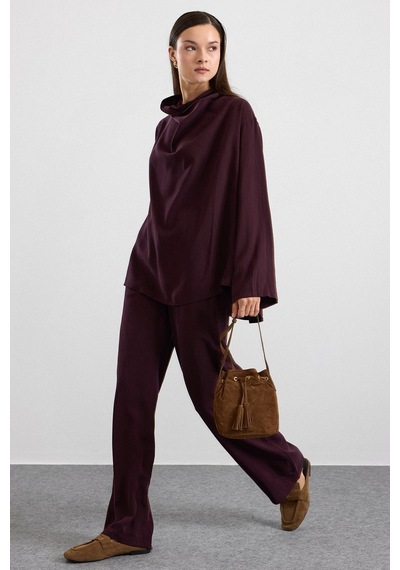 Olcay Degaje Yaka Oversize Pantolon Bluz İkili Takım Mürdüm 9483-tk