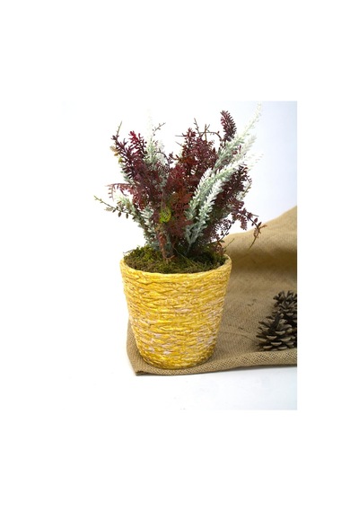 Tr Yapay Çiçek, 7 Dallı Yeşillik Demeti, Bordo, Sarı Beton Saksı, 30 Cm Yükseklik, Masa Ofis Ev Dekoru Diğer